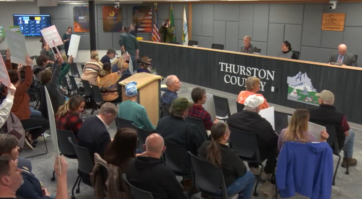 More than 30 residents showed up to oppose a planned housing for sex offenders in Tenino during the Board of County Commissioners meeting on January 17, 2023.